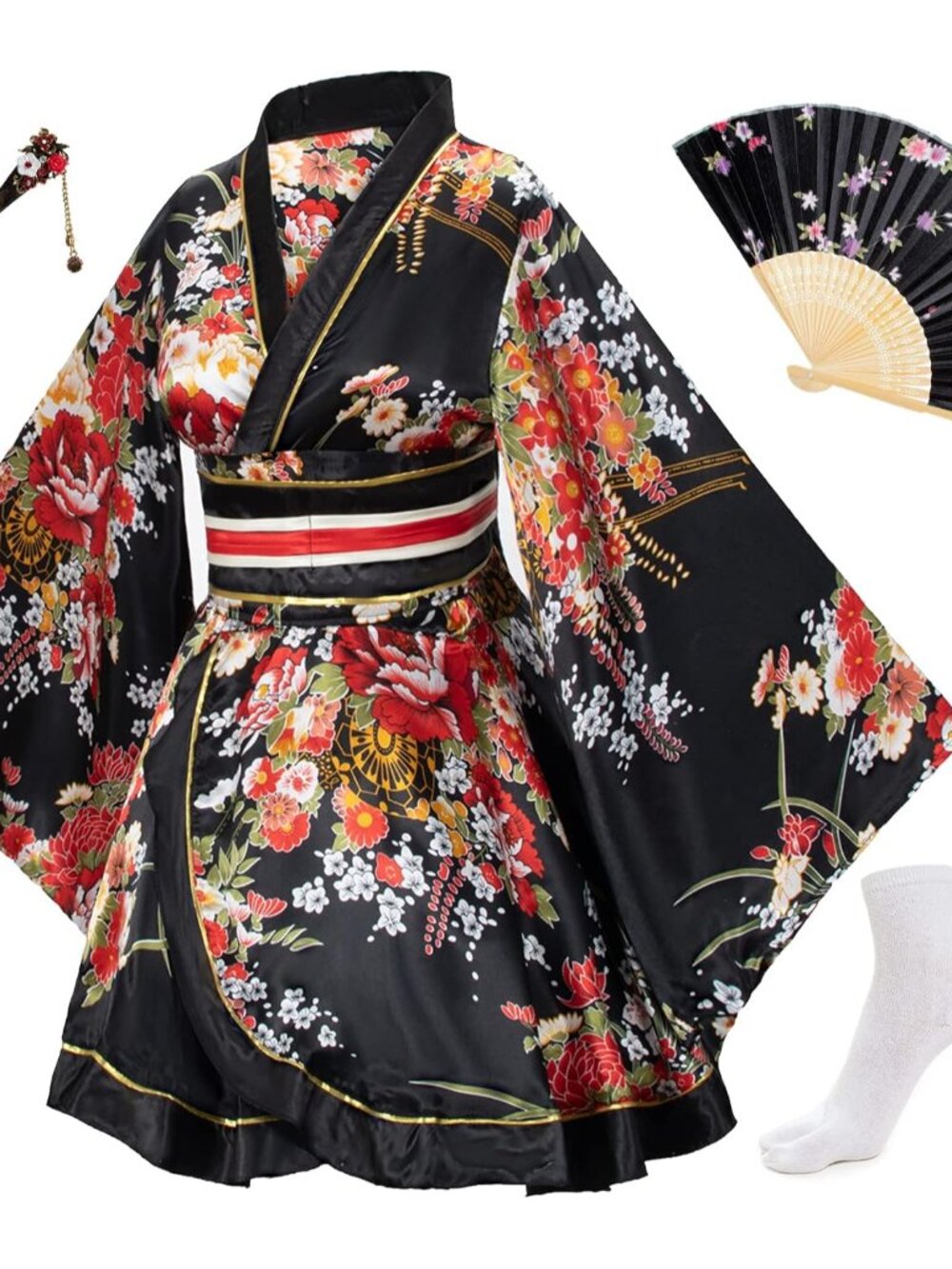 Japanese Anime Women's Dance Kimono Robe Fancy Dress Hand Held Silk Folding Fans
